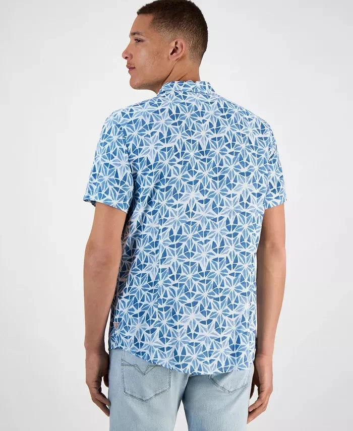 GUESS Men's Slim Fit Short Sleeve Printed Button-Front Shirt  Watercolor Burst Petroleum Blue Size XL