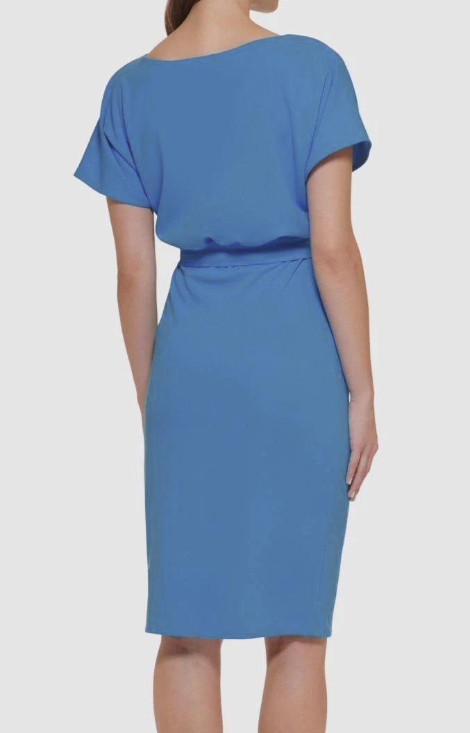 kensie Belted Blouson Wrap Textured Knit Sheath Dress  Chambray Size 14
