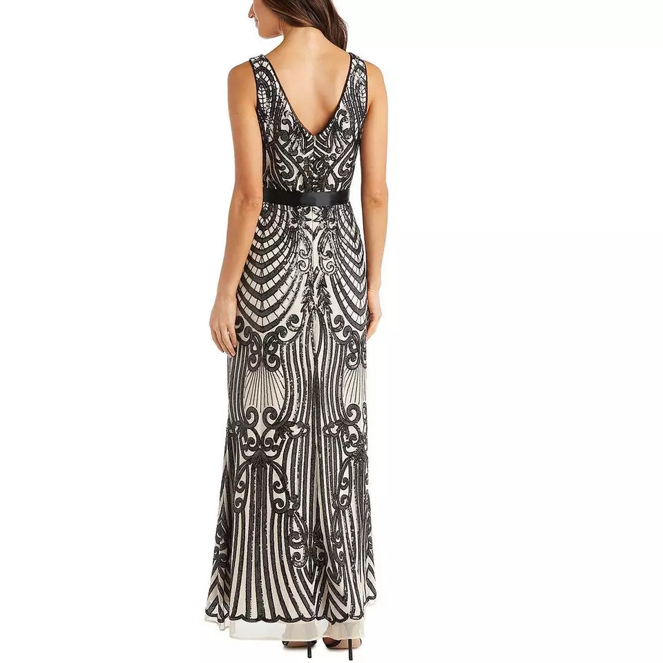 R&M Richards Sequin-Embellished Waist Sash Maxi Evening Dress Gown  Color Champagne/Black Size 16