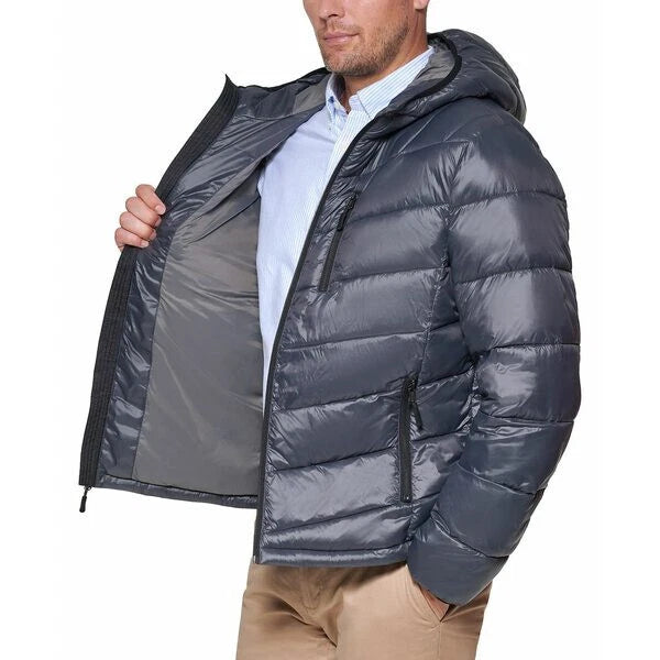 Club Room Men's Chevron Quilted Hooded Puffer Jacket  Charcoal Size XL