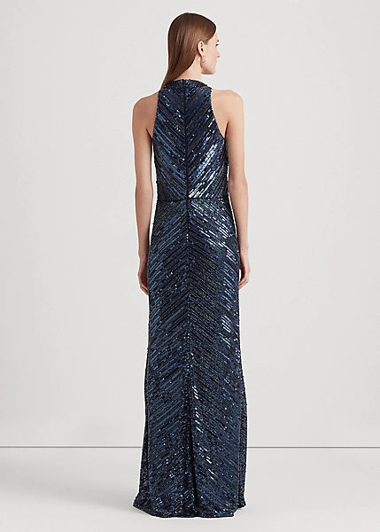 Lauren Ralph Lauren Women's Beaded Sequined Twist-Front Halter Gown  Color Lauren Navy Size 12