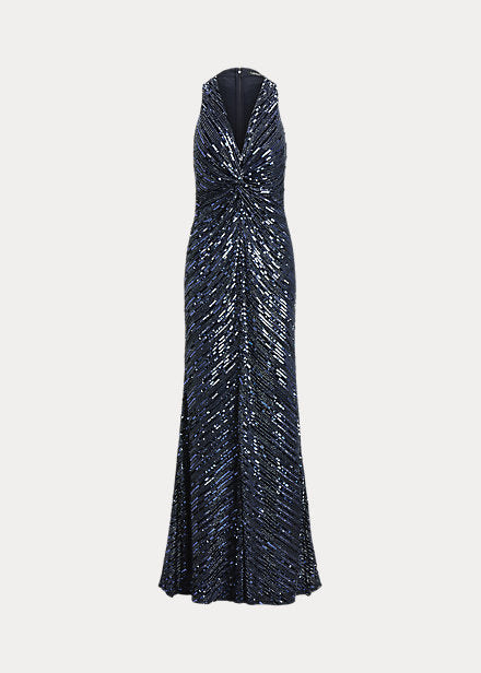 Lauren Ralph Lauren Women's Beaded Sequined Twist-Front Halter Gown  Color Lauren Navy Size 12