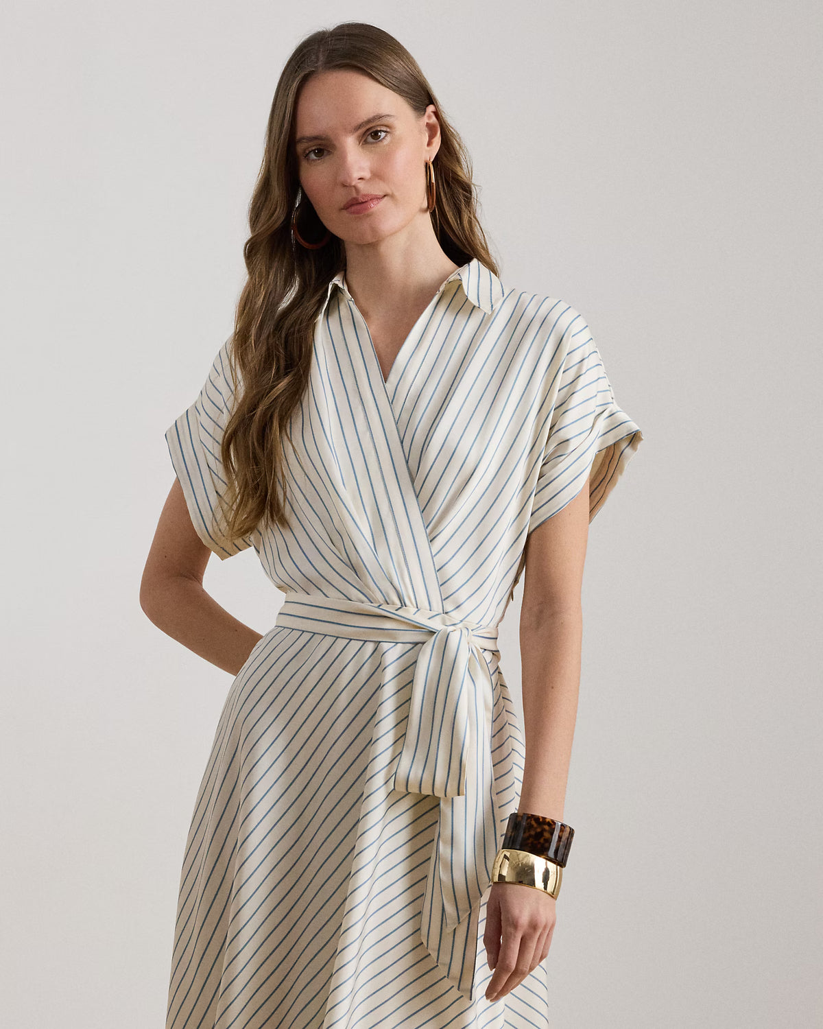 LAUREN RALPH LAUREN Women's Fratillio Striped Belted Twill Dress  Cream/Blue Size 8