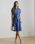 LAUREN RALPH LAUREN Women's Petite Tie-Front Linen Shirtdress  Carson Blue Size 0P