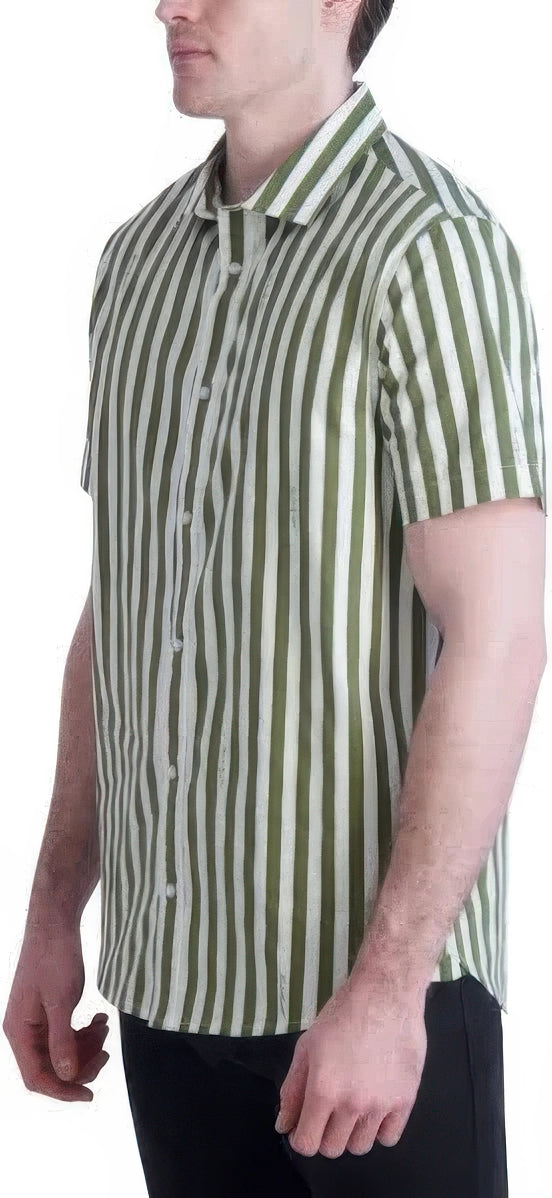 KARL LAGERFELD PARIS Men's Woven Stripe Shirt  Olive/White Size S