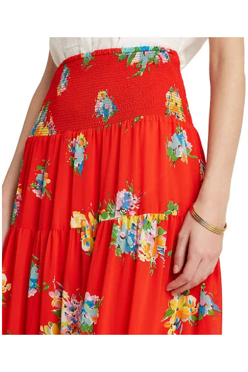 Lauren Ralph Lauren Women's Plus Size Tiered Midi Skirt  Color Bright Hibiscus Multi Size 2X
