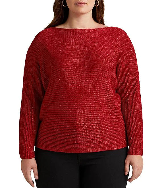 Lauren Ralph Lauren Plus-Size Dolman-Sleeve Boatneck Statement Sweater  Color Lipstick Red Lurex Size 3X