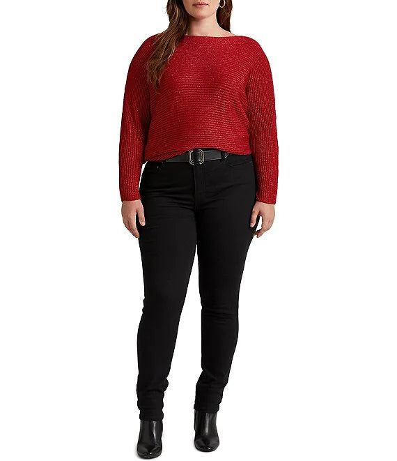 Lauren Ralph Lauren Plus-Size Dolman-Sleeve Boatneck Statement Sweater  Color Lipstick Red Lurex Size 3X