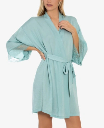 LINEA DONATELLA Lace-trim Hammered Satin Wrap Robe  Color Sage Size S