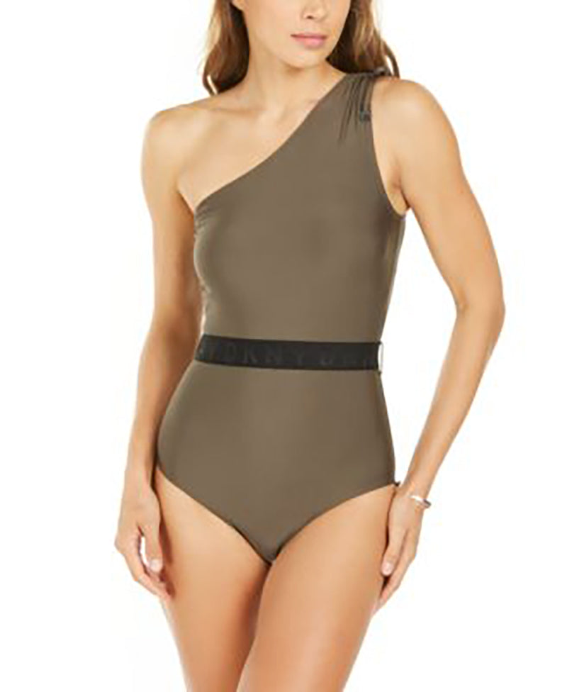 DKNY Belted One-Shoulder Tummy-Control One-Piece Swimsuit Size 10 Color Black