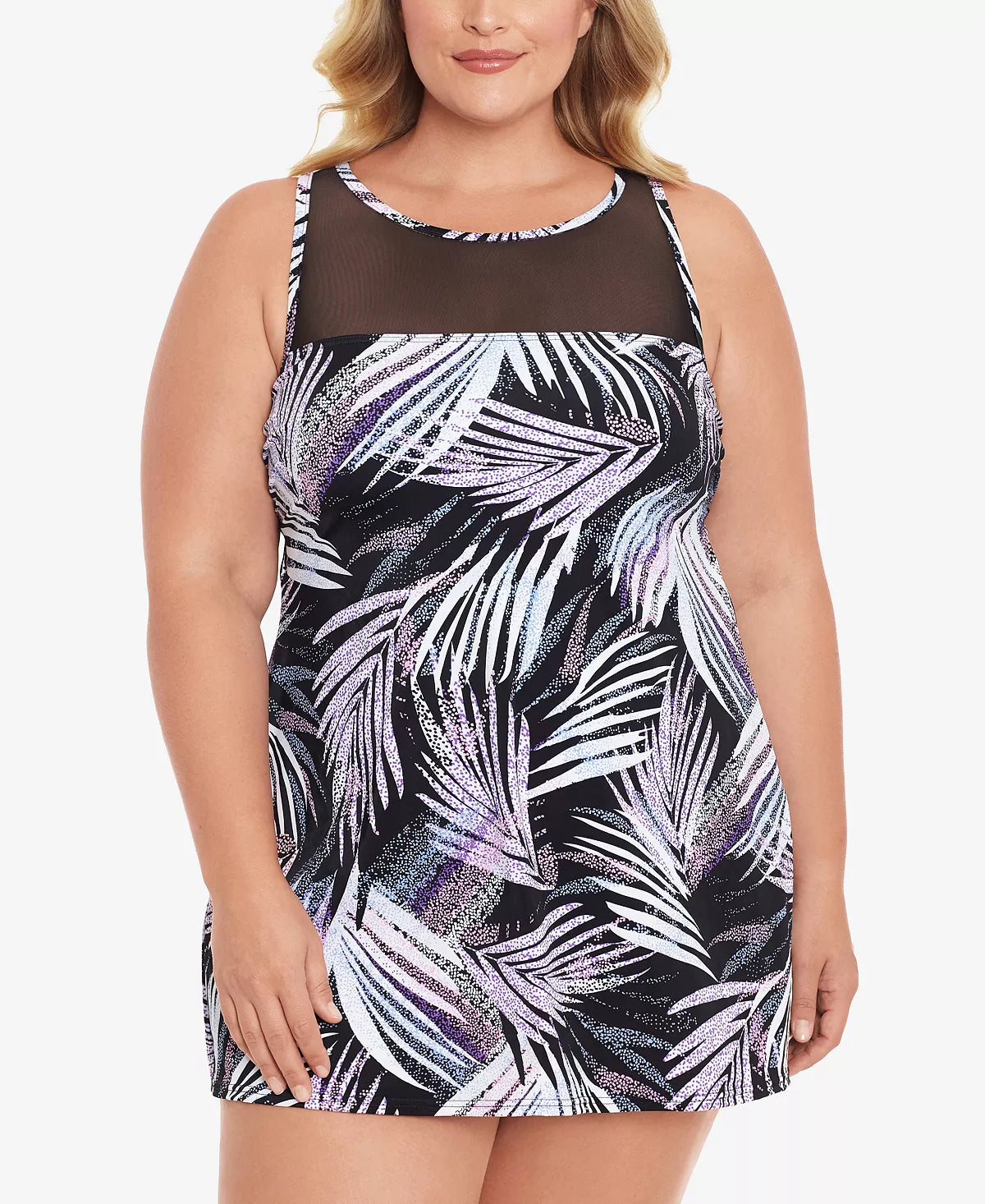 Swim Solutions Plus Size Sprinkle Leaf High-Neck Swimdress  Color Black/White Size 22W