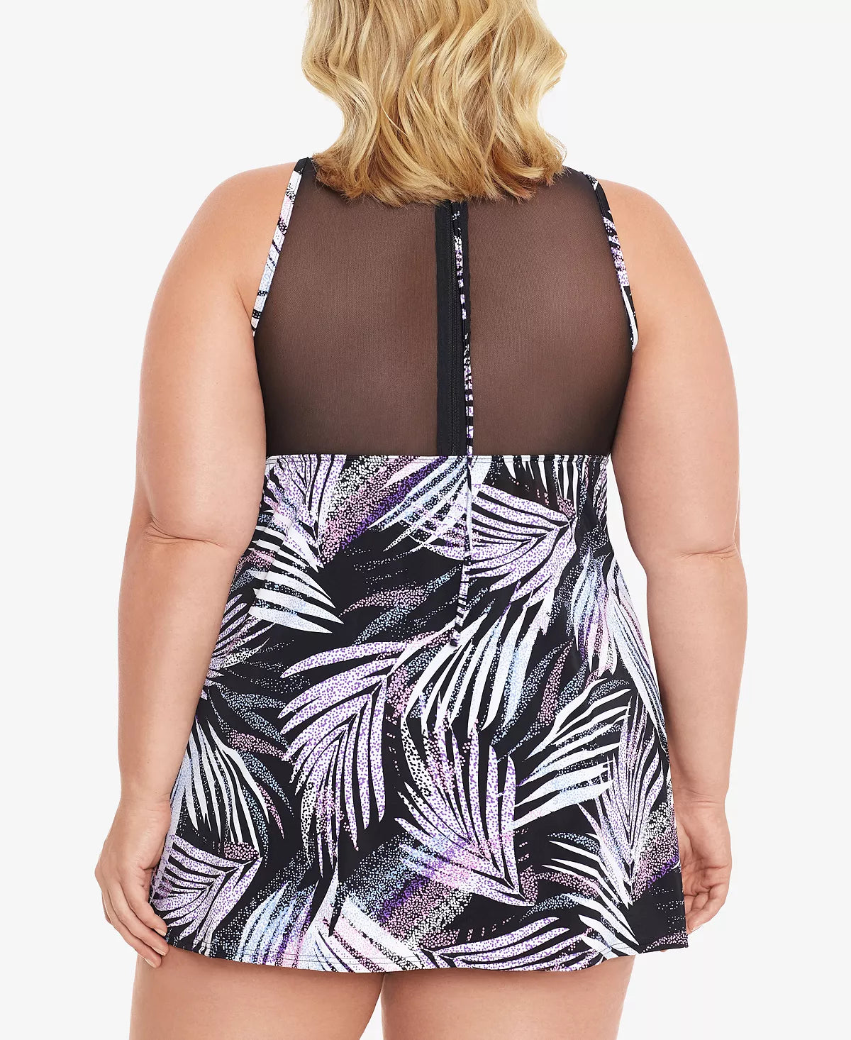 Swim Solutions Plus Size Sprinkle Leaf High-Neck Swimdress  Color Black/White Size 22W
