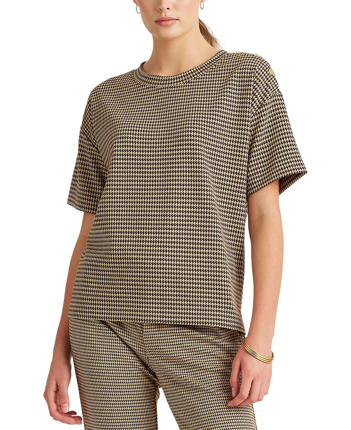 LAUREN RALPH LAUREN Women's Petite Houndstooth Print T-Shirt  Color Classic Camel Size PL