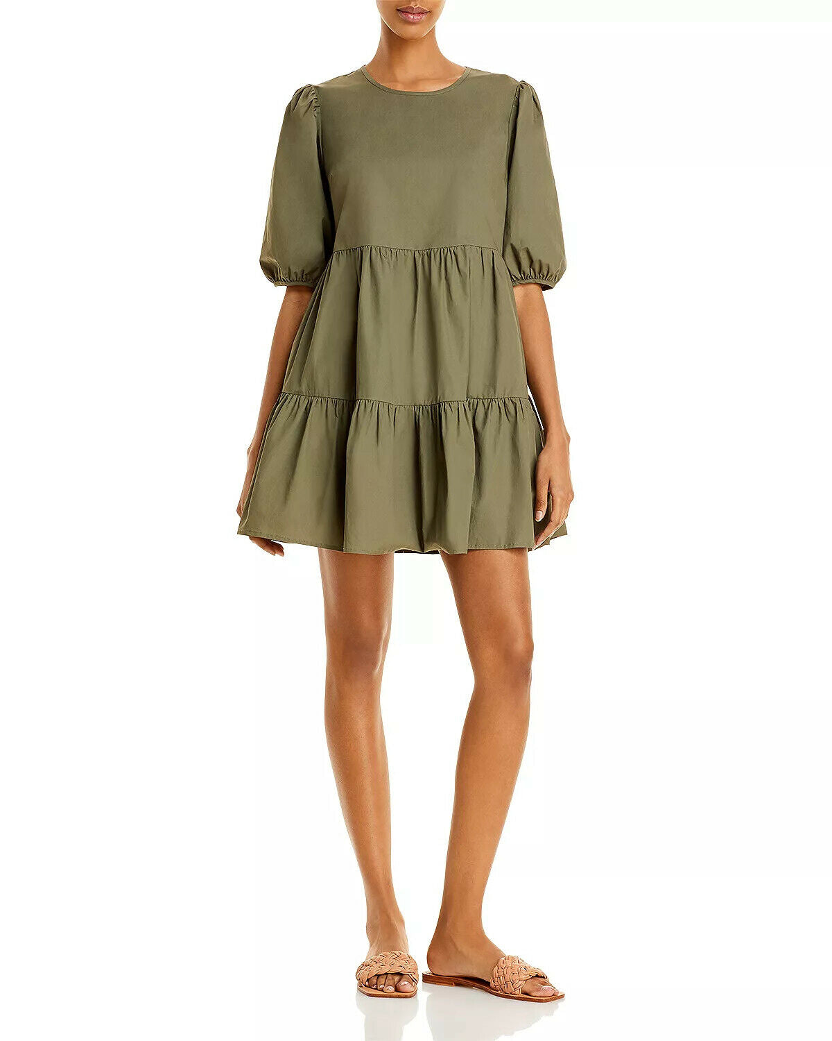 Aqua Women's Ruffled Puff Sleeve Poplin Mini Dress  Color Olive Size M