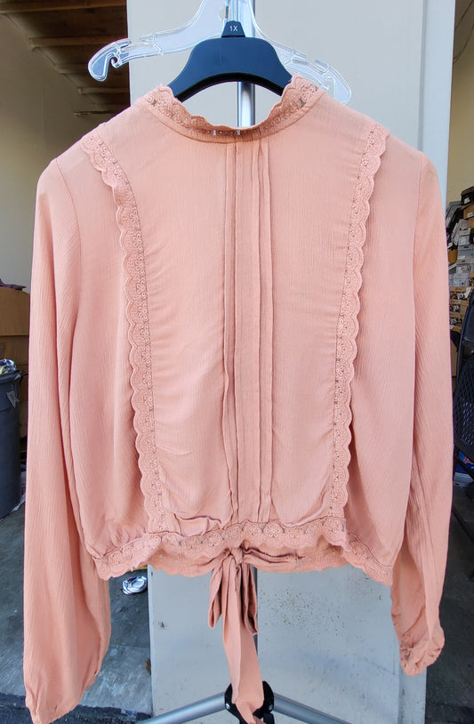 Self Esteem Juniors Pleated Lace-Trim Blouse  Color Toasted Nut Size XL