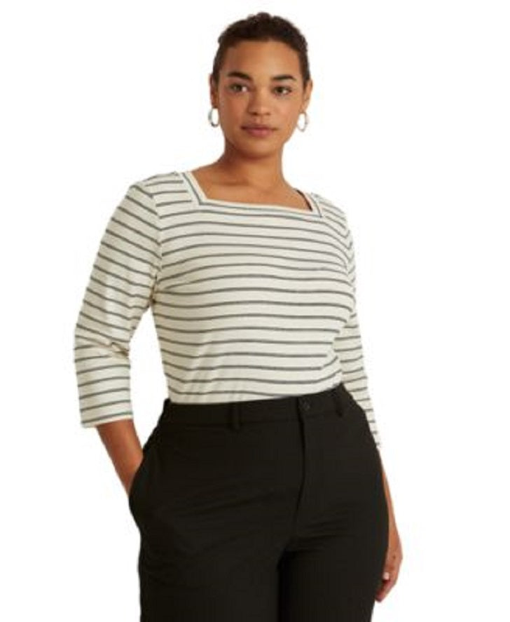 Lauren Ralph Lauren Plus-Size Striped Stretch Cotton  Color Polo Black/Lipstick Red Size 3X