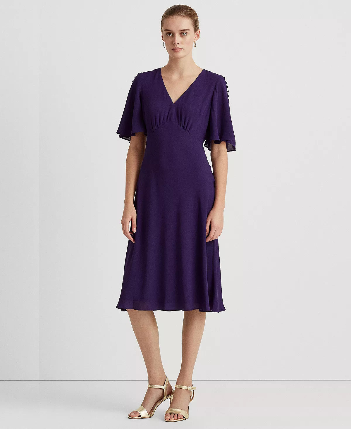 LAUREN RALPH LAUREN Georgette Flutter-Sleeve Dress  Color Tartan Purple Size 12