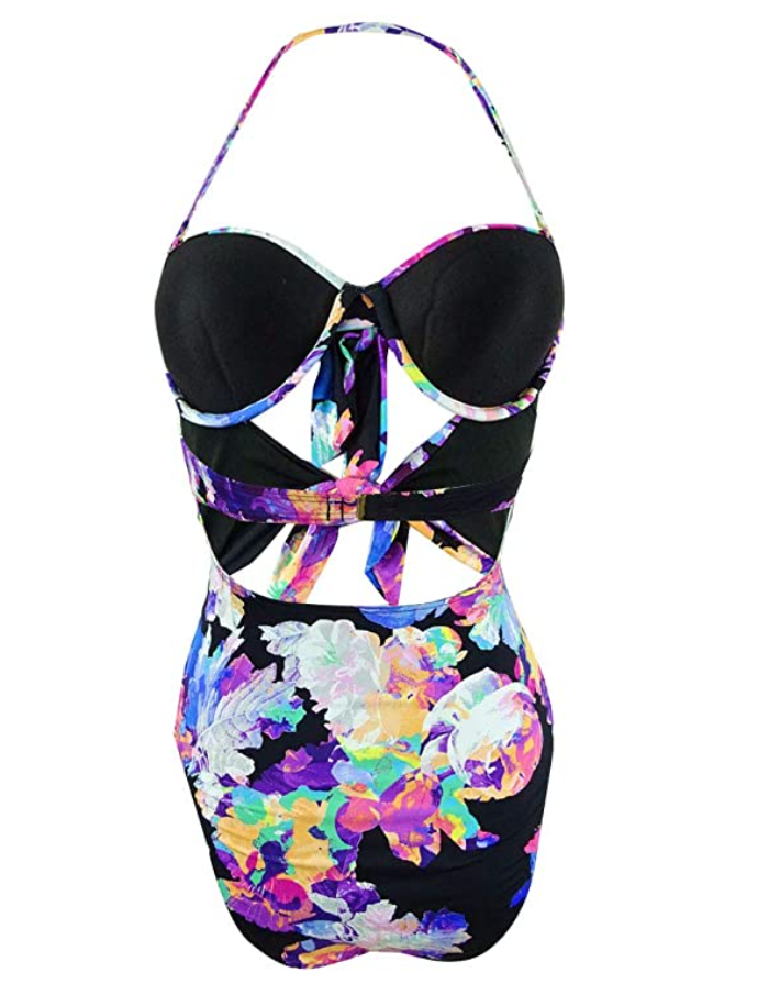 Bar III Tech Floral Printed Tie-Front High Leg One-Piece Swimsuit  Size S