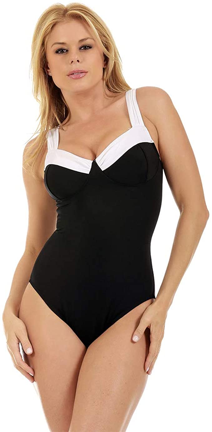 InstantFigure Women's Compression Shapewear Contrast Trim Tummy Control Padded One Piece  Color Black Size 14