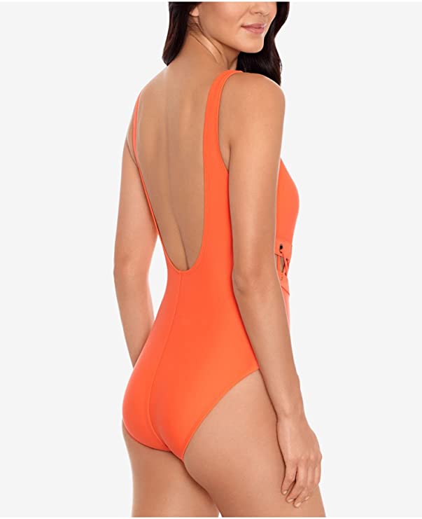 SALT + COVE Women's Stretch Lace-Up Grommets Lined 1-Piece Swimsuit   Color Orange Size M