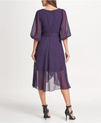 DKNY Women's Chiffon Balloon Sleeve V-Neck Midi Party Dress Color Raisin Size 4