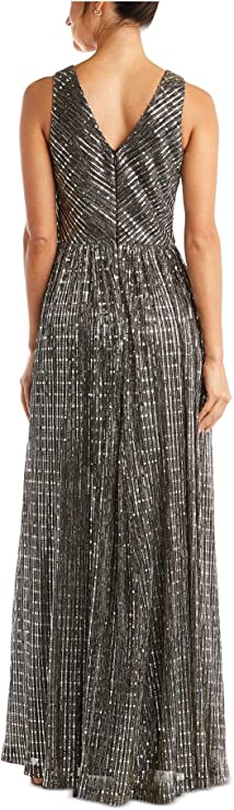 Nightway Womens Full Coverage Metallic Illusion Gown    Color Black/Silver Size 10