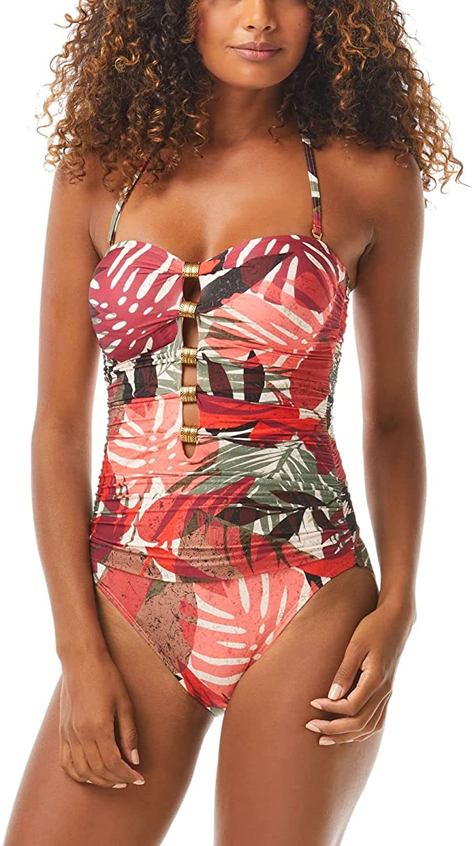 Carmen Marc Valvo Secret Jungle Ruched One-Piece Swimsuit  Color Merlot Size 8