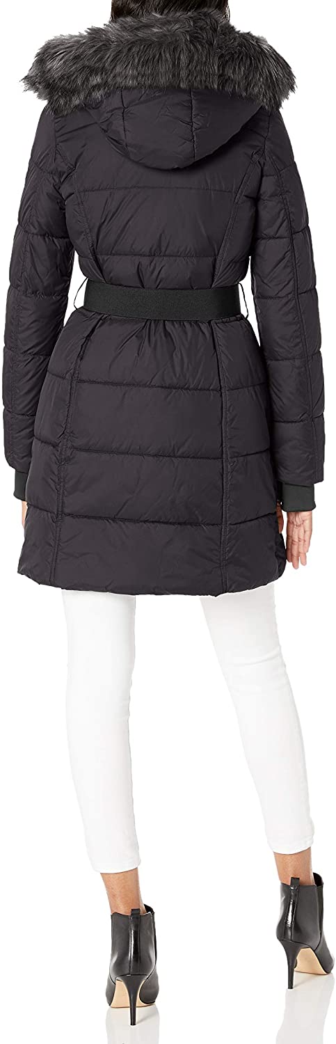 French Connection Women's Belted Zip-Front Puffer w/ Faux-Fur Hood  F37179-X9 Size M