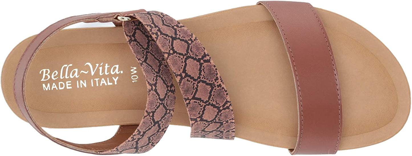 Bella Vita Women's Nev-Italy Flat Sandal  Color Tan Leather/Snake Size 6W