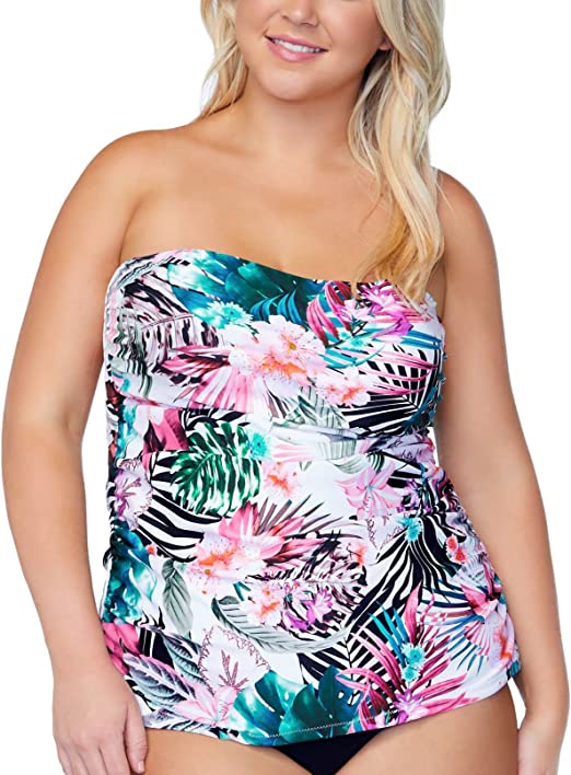 RAISINS CURVE Women's Print  Bandeau Tankini Swimsuit Top  Color  White Tropical Size 14W