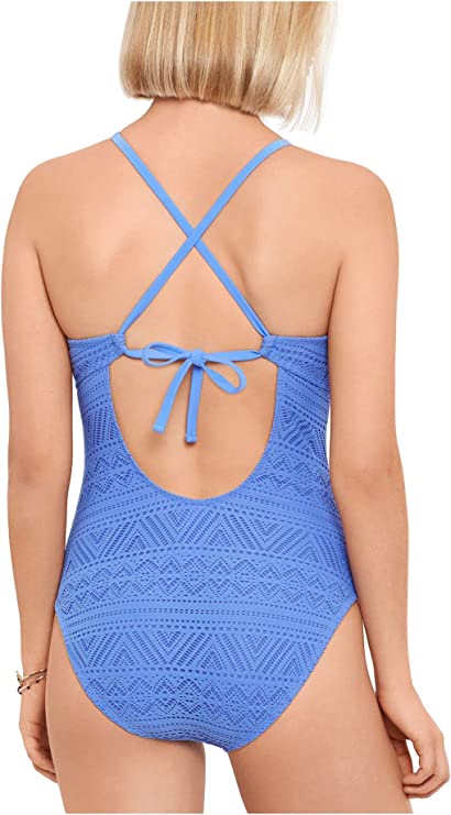 SALT + COVE Women's Stretch High Neck One Piece Swimsuit  Color Blue Size S