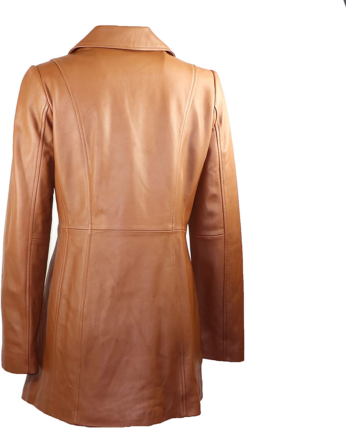Anne Klein Women's 3 Button Notch Collar Walker Leather Coat  Cognac Size XL