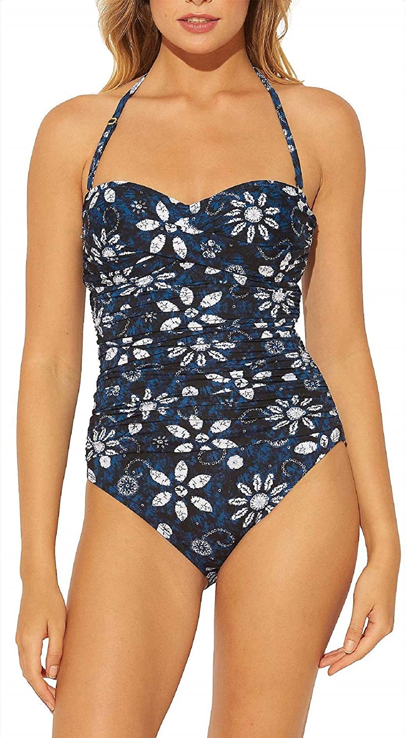 Bleu Rod Beattie Take A Dip Shirred Bandeau Mio One-Piece  Color Navy/Multi Size 10