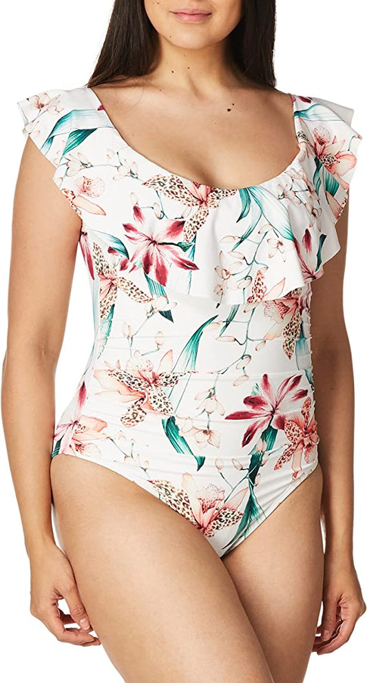 La Blanca Off Shoulder Ruffle One Piece Swimsuit  Color: White//Flyaway Orchid Size 12