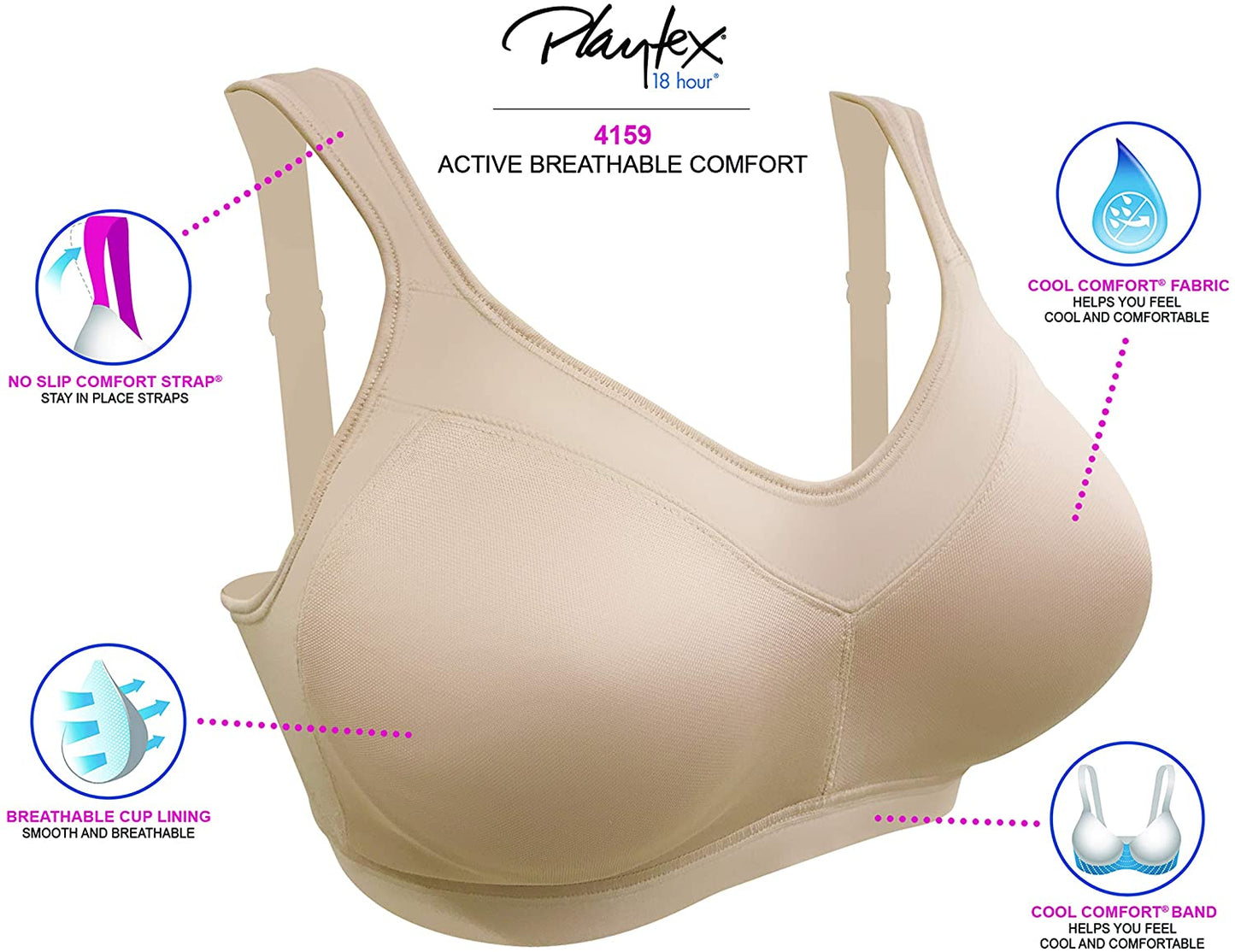Playtex Women's 18 Hour Active Lifestyle Full Coverage Bra #4159  Color: Nude Size 44DDD