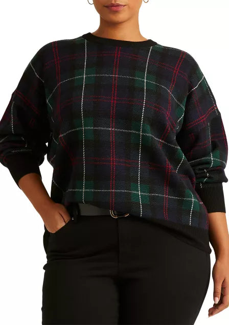 Lauren Ralph Lauren Women's Plus-Size Plaid Merino Wool Sweater Holiday Plaid Red/Navy Size 3X