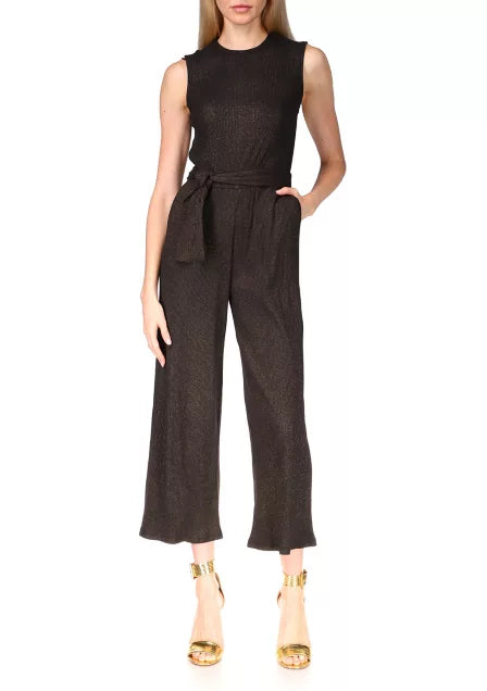 MICHAEL Michael Kors Petites Sleeveless Metallic Knit Jumpsuit  Color Black/Gold Size PS