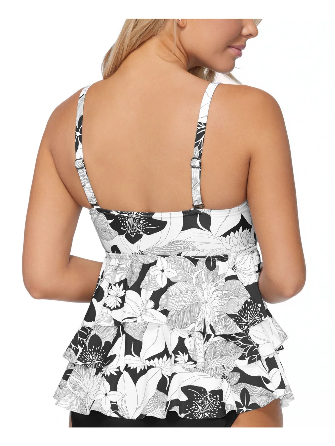 Island Escape Aloha Bloom Printed Tiered Tankini Top  Color Black Size 8
