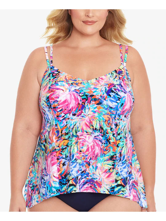 SWIM SOLUTIONS Women's Printed Stretch Full Bust Support Handkerchief-Hem Lined Deep Tankini  Multicolor Size 18W