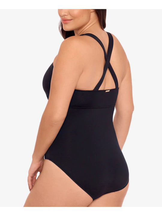 LAUREN RALPH LAUREN Women's Tummy Control Non-Removable Cups Cutout Scoop Neck One Piece Swimsuit  Color Black Size 18W