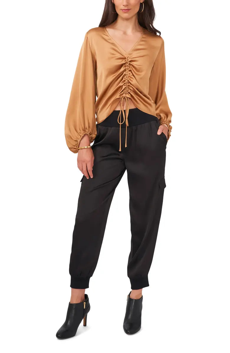Vince Camuto Ruched Front Crepe Blouse  Color Wild Oak Size L