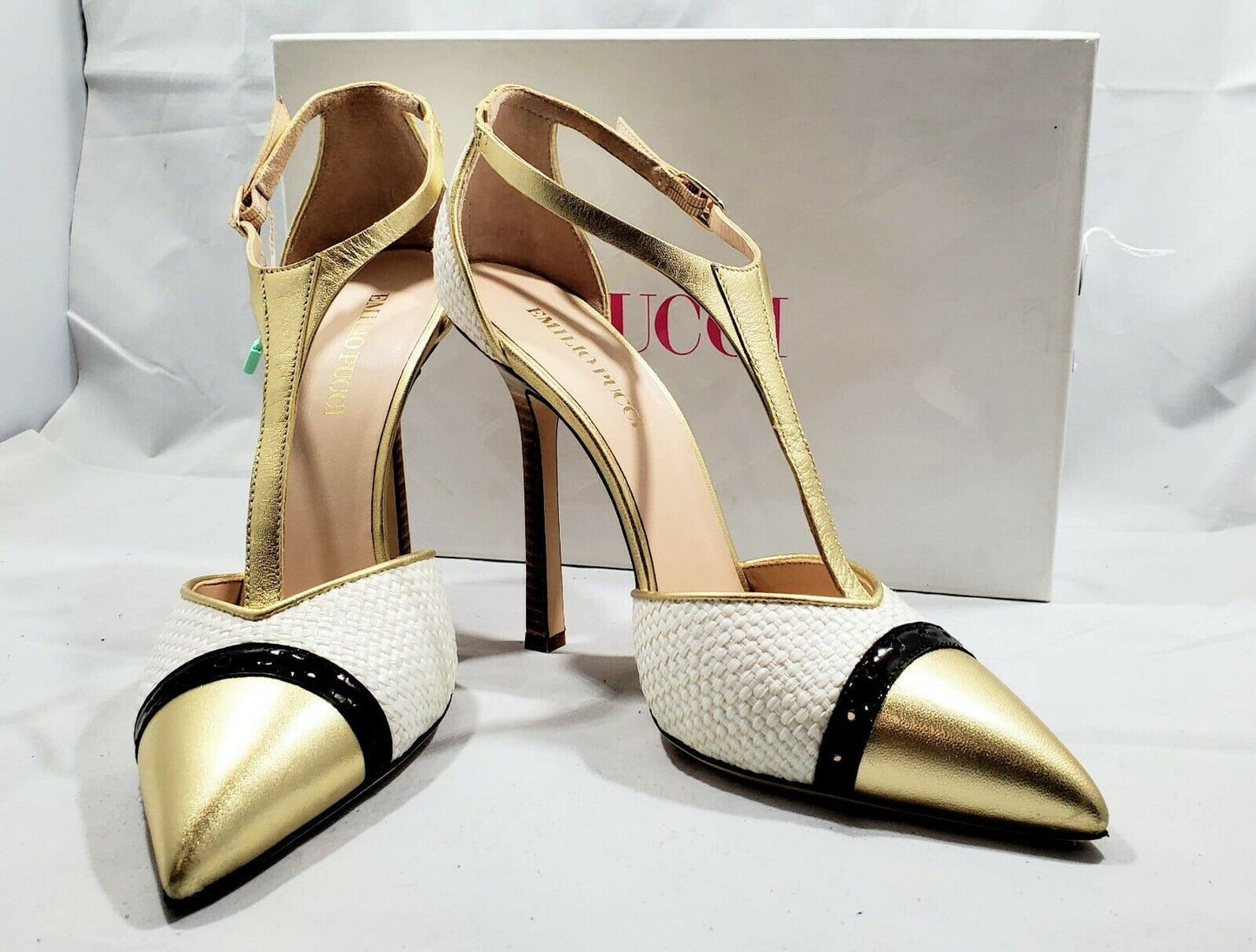 Emilio Pucci Gold and Raffia T Strap Pumps    Size: 40 (10 US)
