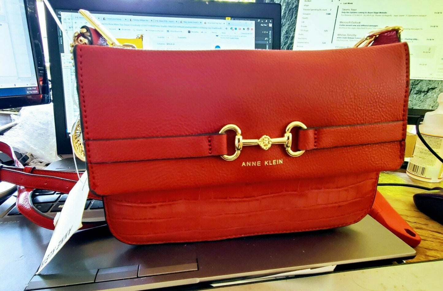 Anne Klein Top Zipper Crossbody   Color Red/Gold