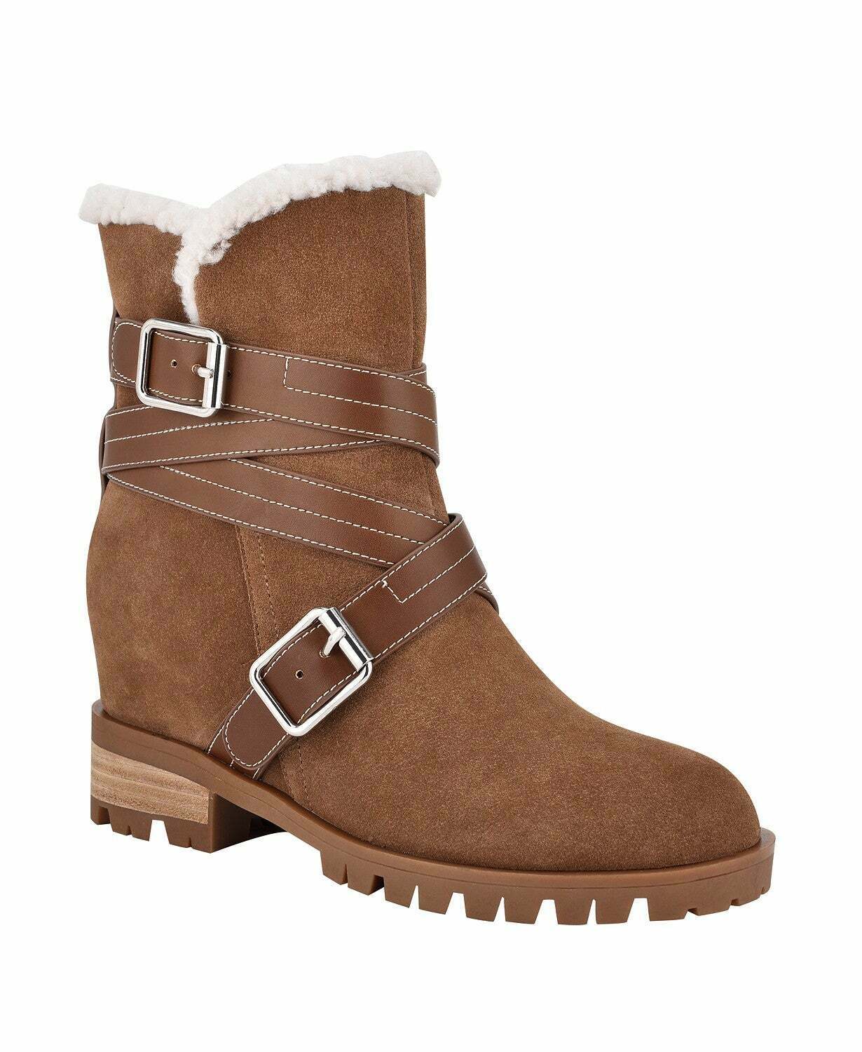 NINE WEST Women's Davyd Demi Buckle Faux Fur Booties  Color Brown Size 6M