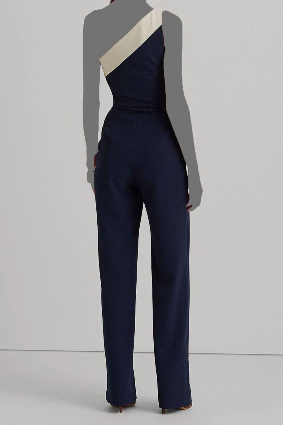 Lauren Ralph Lauren One-Shoulder Crepe Jumpsuit  Color French Navy/Cream Size 16