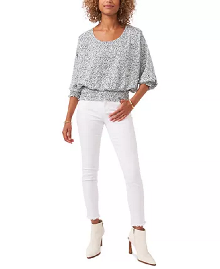 Vince Camuto Printed Smocked-Hem Peasant Top  Color New Ivory Size M