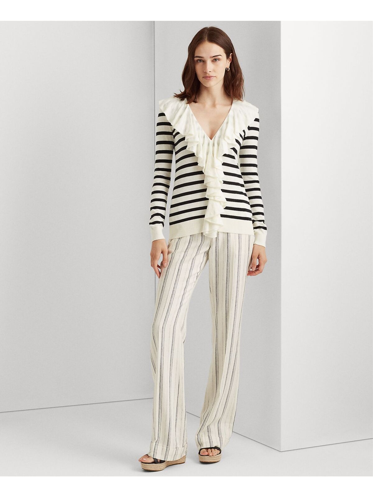 Lauren Ralph Lauren Ruffle-Trim Striped Long Sleeve V Neck Top  Color Ivory Size M