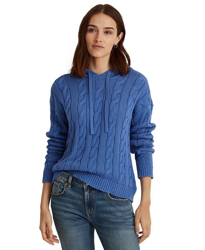 Lauren Ralph Lauren Women's Cable-Knit Cotton Hoodie Sweater  Color Pampelonne Blue Size L