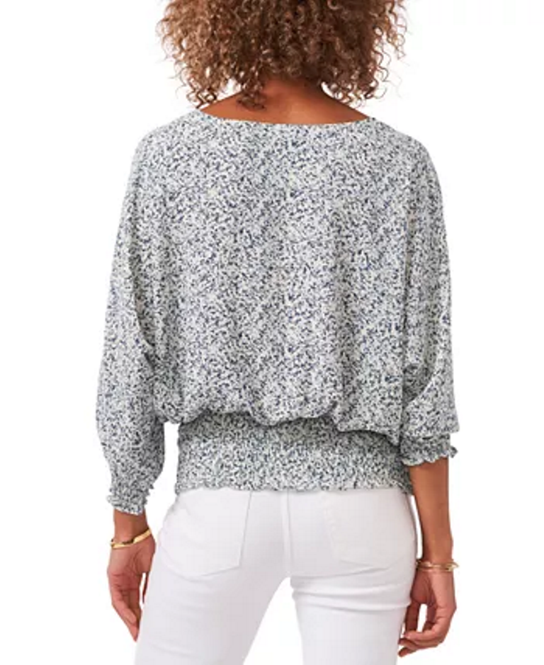 Vince Camuto Printed Smocked-Hem Peasant Top  Color New Ivory Size M