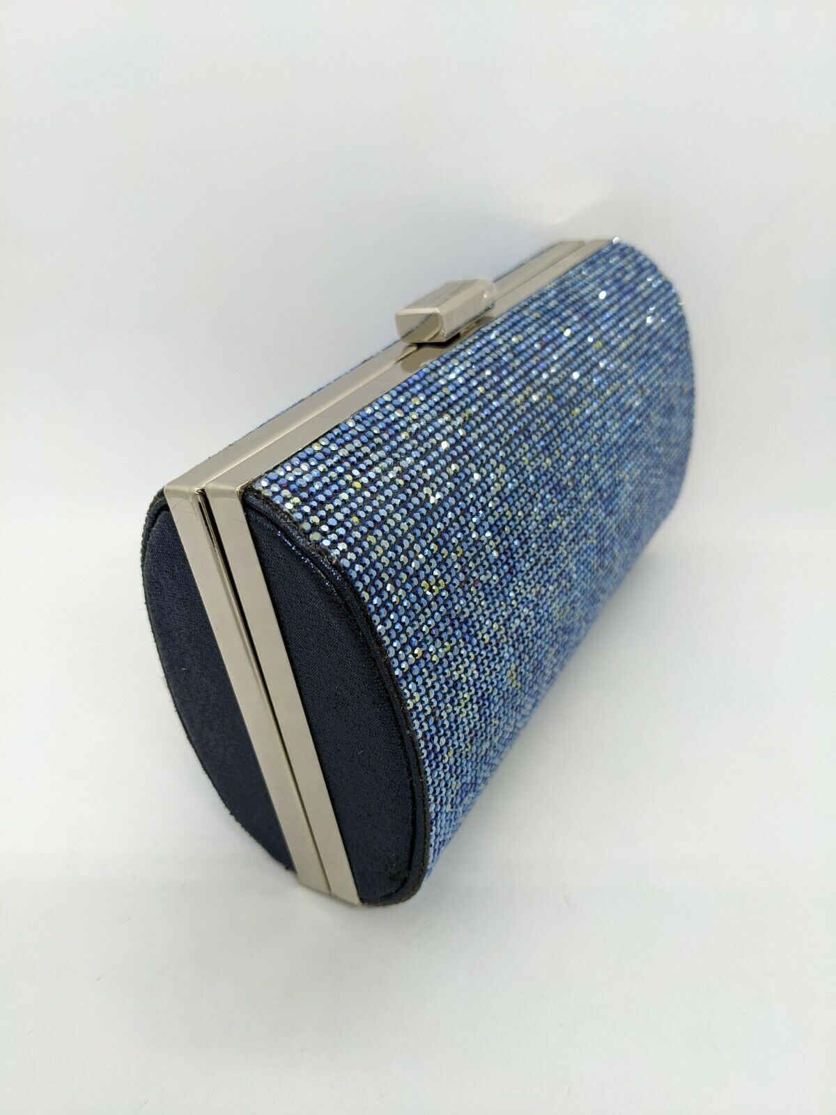 INC Ranndi embellished crystal sparkle clutch minaudiere  Color NAVY/SILVER
